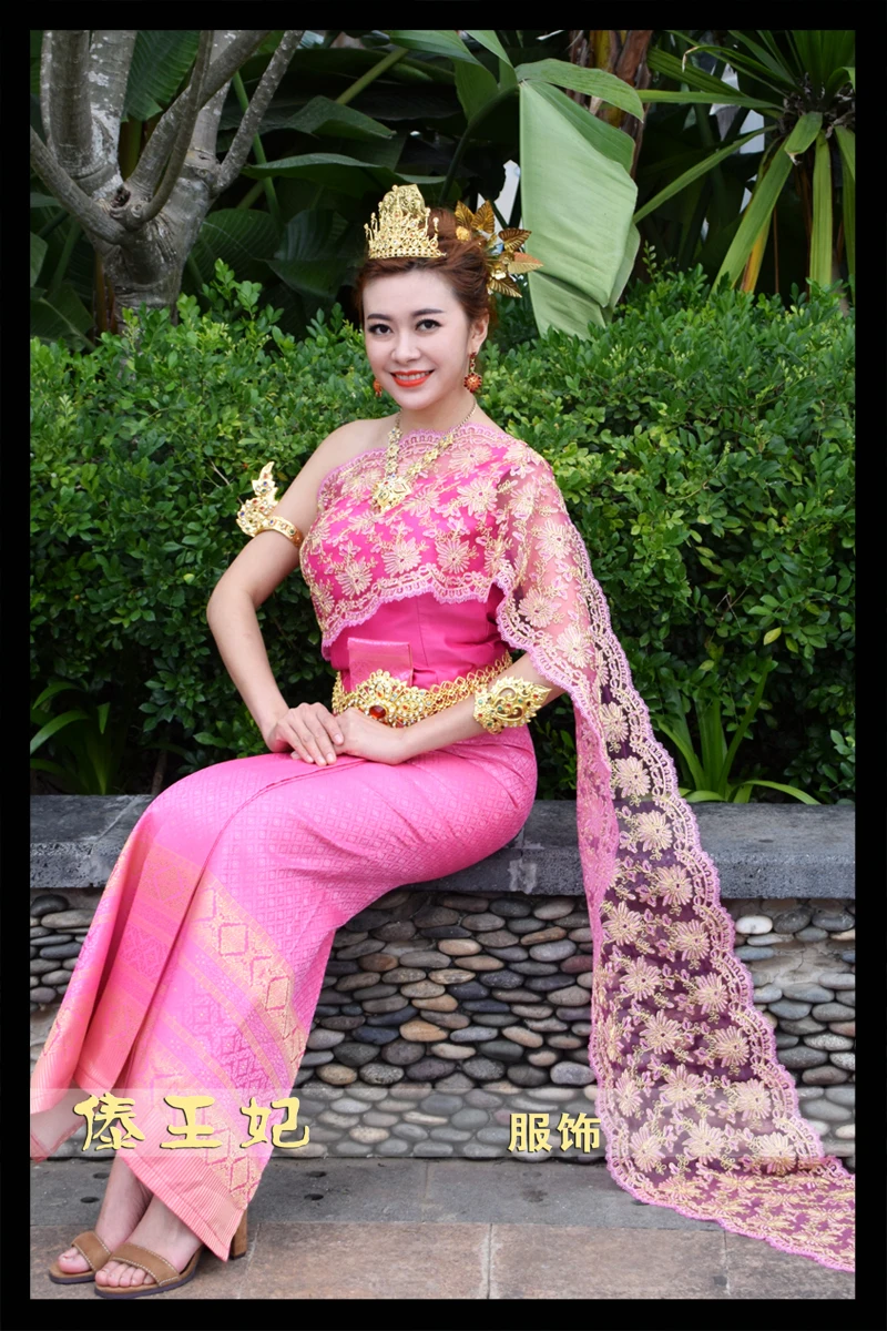 Тайланд Лаос уникальная одежда тайская дай традиционное плечо без рукавов Вуаль с прямым разрезом розовый цветок миноритарный костюм