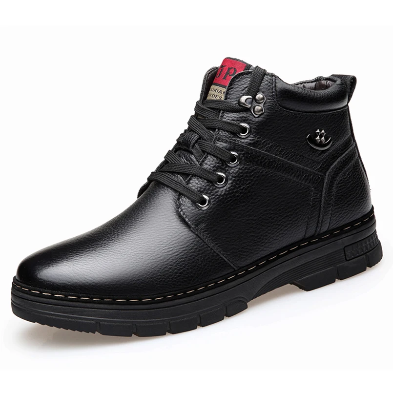 

FIDANEI Winter Men Warm Cotton Shoes Lace-Up Plus Wool Snow Boots Man Genuine Leather Waterproof Martin Boots