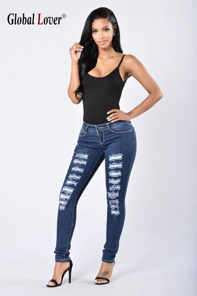 2016 Hot Ladies Dark Blue Ripped Jeans Trousers Women Plus Size Skinny