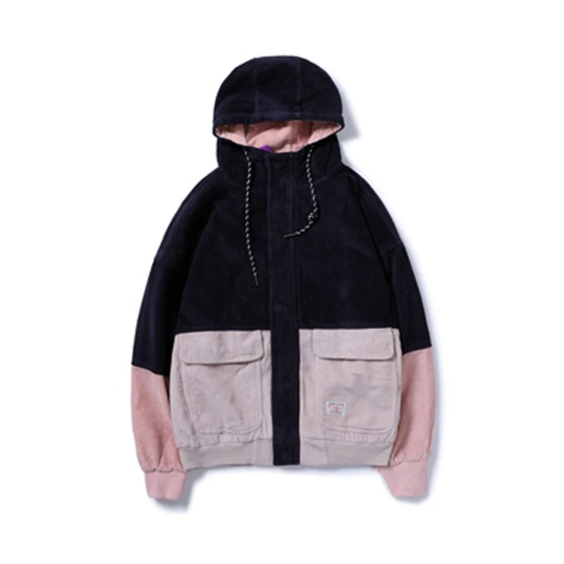 

XingDeng Hip Hop Hoodies top comfortable Fashion Jackets Men Color Block Patchwork Corduroy Hooded Coats Male Casual Streetwear