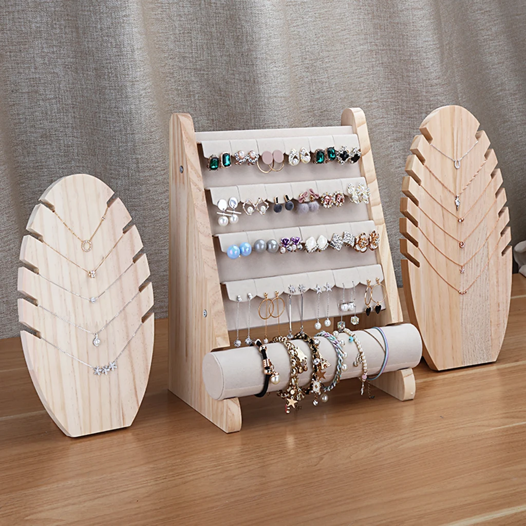 Natural Wooden Jewelry Display Stand Bracelet Earring Holder T-Bar Display