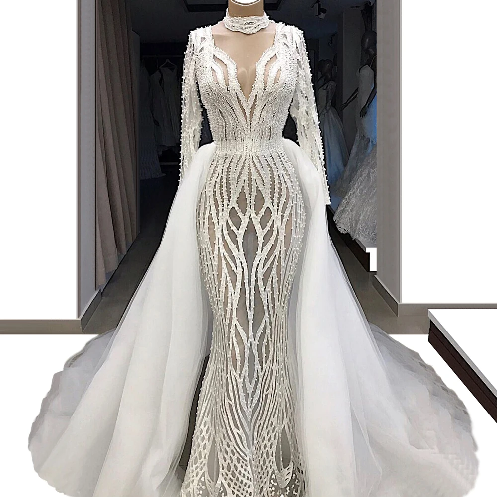 Специальный дизайн белые свадебные платья Русалка Длинные рукава Иллюзия Свадебные платья с жемчугом две части Vestido De Noiva