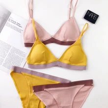 Wriufred Thread Deep V Bra Contrast Color Cotton Triangle Cup Women Underwear Set Sexy Lingerie Wireless Bralette Panties Sets