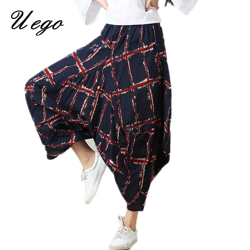 Uego Fashion Cross-pants Cotton Linen Plaid Loose Women Summer Casual Pants 2019 New Wide Leg Pants High Waist Lady Harem Pants
