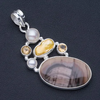 

Imperial Jasper,Biwa Pearl,River Pearl Citrine Punk Style 925 Sterling Silver Pendant 2 1/4" P0892