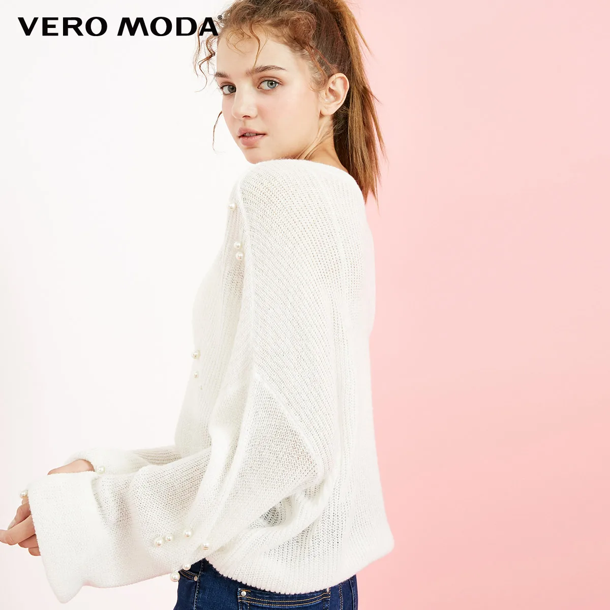 Vero Moda свитер женский жемчужный Круглый с заниженным плечом фонарь рукав чистый свитер для женщин | 318413523