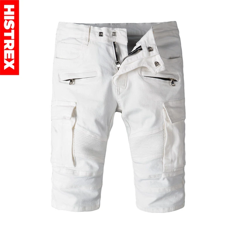 White Mens Denim Shorts Slim Regular Casual Knee Length Biker Short