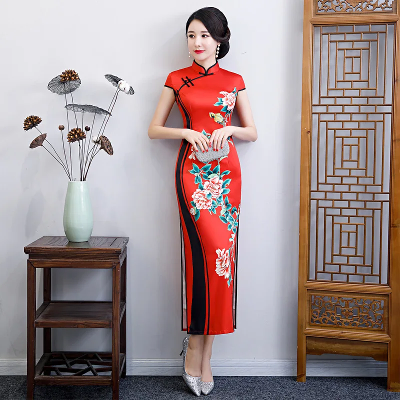 Oversize 5XL 6XL печати цветочный Чонсам элегантный пятно Винтаж Кнопка Qipao пикантные летние выходные туфли на выпускной бал платье китайский