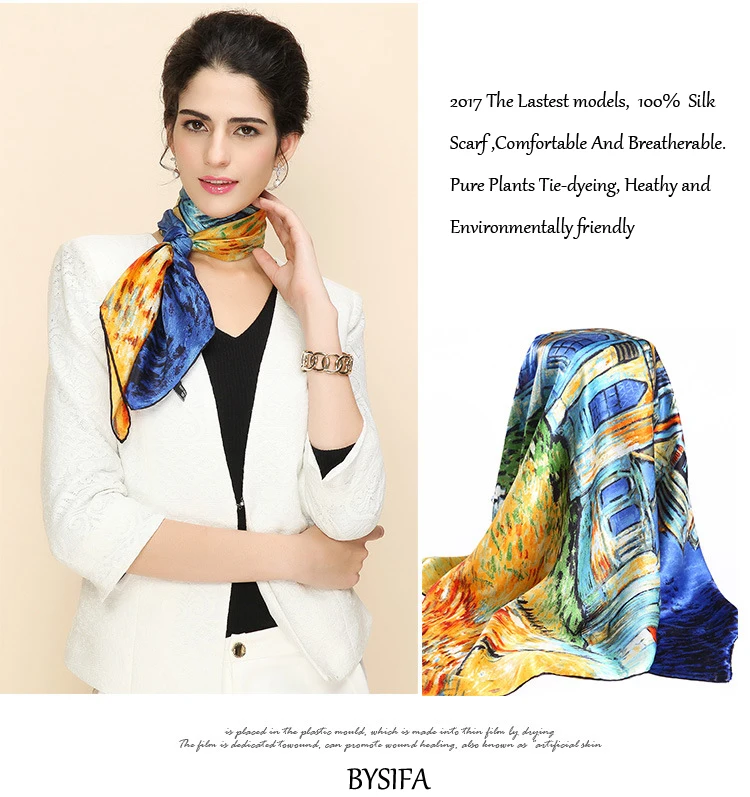 Темно-синий натуральный шелковый шарф для дам, фирменный дизайн, шарфы, весна-осень, Ван Гог, картина маслом, квадратные шарфы, обертывания, 90*90 см