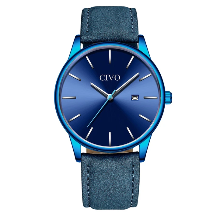 CIVO модные ультра тонкие мужские s часы лучший бренд класса люкс водостойкие черные стальные сетчатые кварцевые наручные часы для мужчин простые ручные часы - Цвет: leather blue 8082