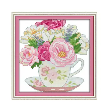 

Joy Sunday Cross Stitch Kit 11CT 14CT Teacups & Flowers Small Simple Modern Student Children Manual Hobby Embroidery