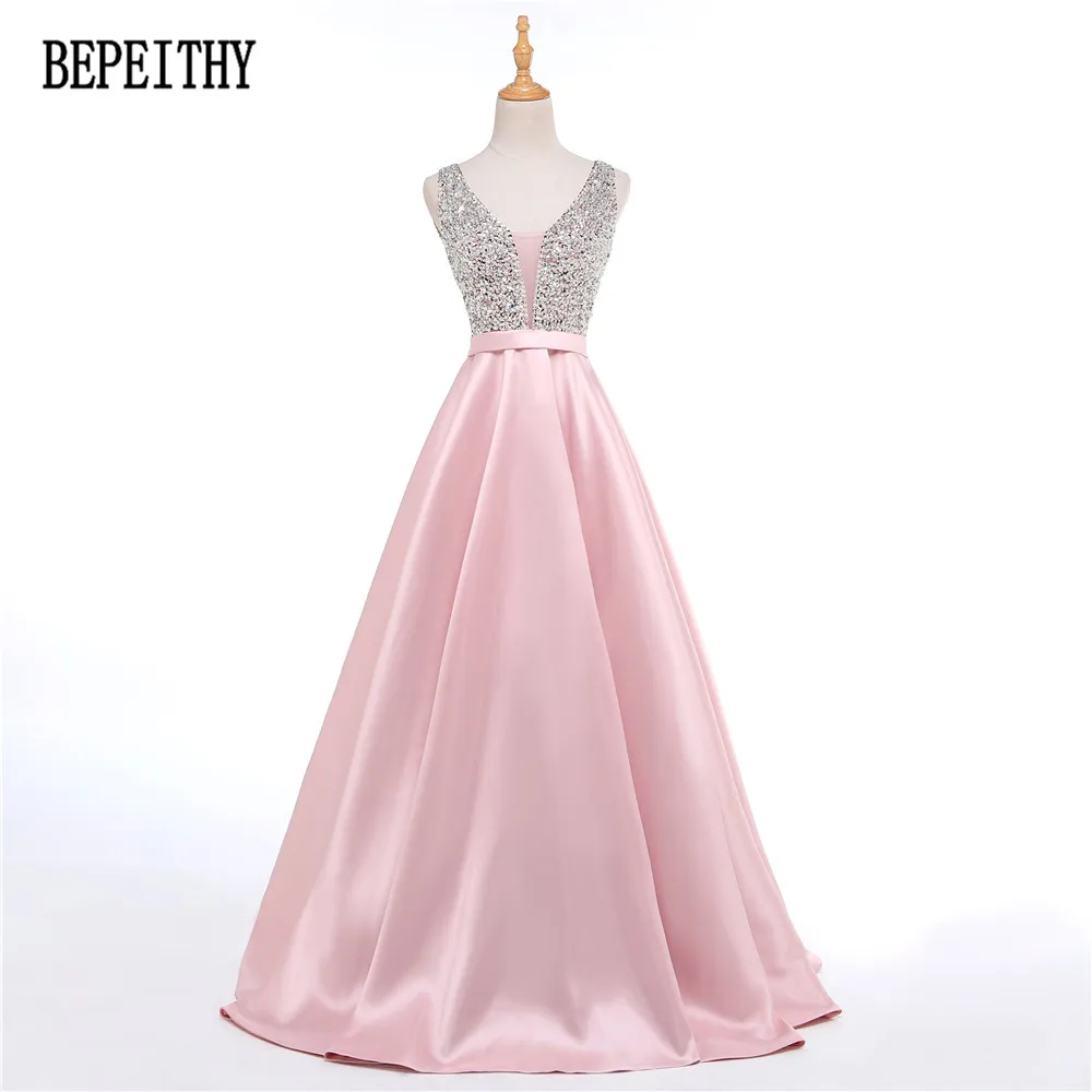 

BEPEIITHY 2019 Vestido De Festa Charming V-Neck Beads Bodice Open Back A Line Long Evening Dress Party Elegant Evening Gowns