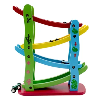 

Kids Color Wooden 4-Tier Race Ramp Car Sliding Ladder with 4 Speedy Gliding Car Coaster Racetrack Vehicle Traffic Car Model Toy