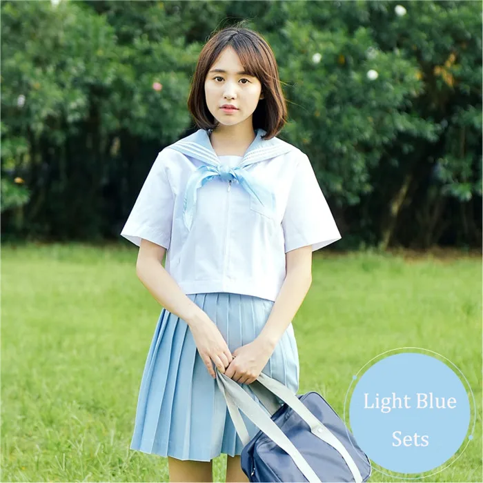 light blue sets Японская школьная форма JK наборы матросские Костюмы преппи шикарная футболка с короткими рукавами плиссированные юбки для девочек средней школы повседневная одежда - Цвет: light blue sets