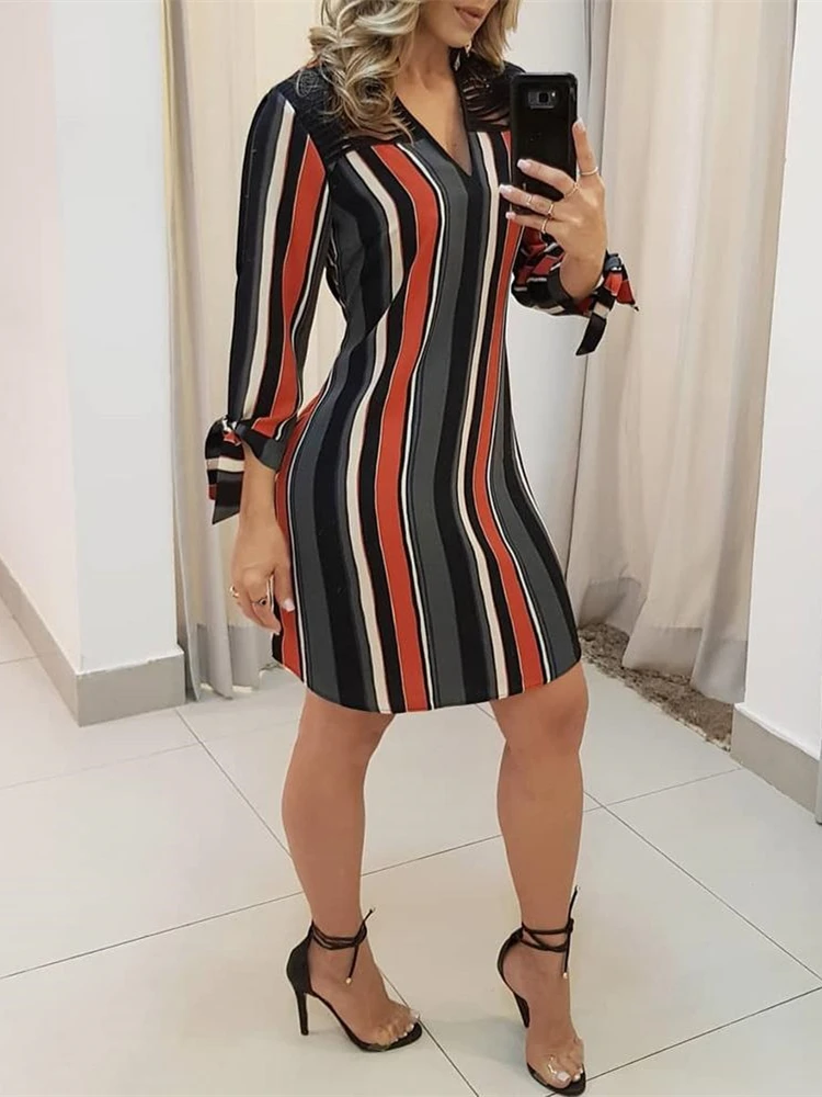 

Summer Brief Asymmetrical V-Neck Casual Dresses Ladies Office Style Work Elegant Striped Tassels Insert Tie Sleeve Shirt Dress