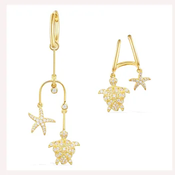 

SLJELY Luxury 925 Sterling Silver Gold Color Asymmetric Starfish & Sea Turtle AB Earrings AAA Micro Cubic Zirconia Women Jewelry