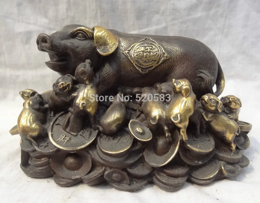 

8" China Pure Bronze Zodiac YuanBao Coin Wealth 12 JiXiang Happy Pig Statue