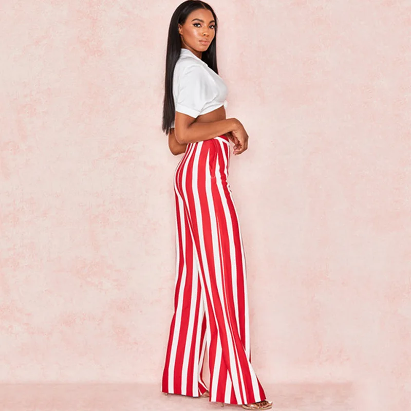 Red Fashion Stripe Wide Leg Pants For Women Ladies High Waist Casual Loose Pants Trousers 2019 New Streetwear Red Fashion Stripe Wide Leg Pants For Women Ladies High Waist Casual Loose Pants Trousers 2019 New Streetwear