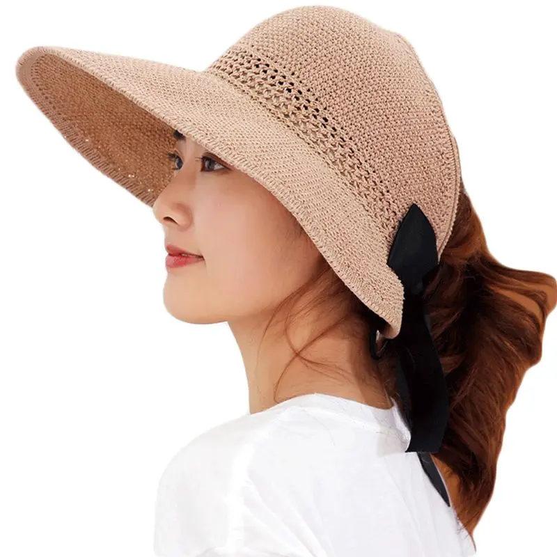 Womens Summer Foldable Straw Weave Sun Hat Long Ribbon Bowknot Open Top