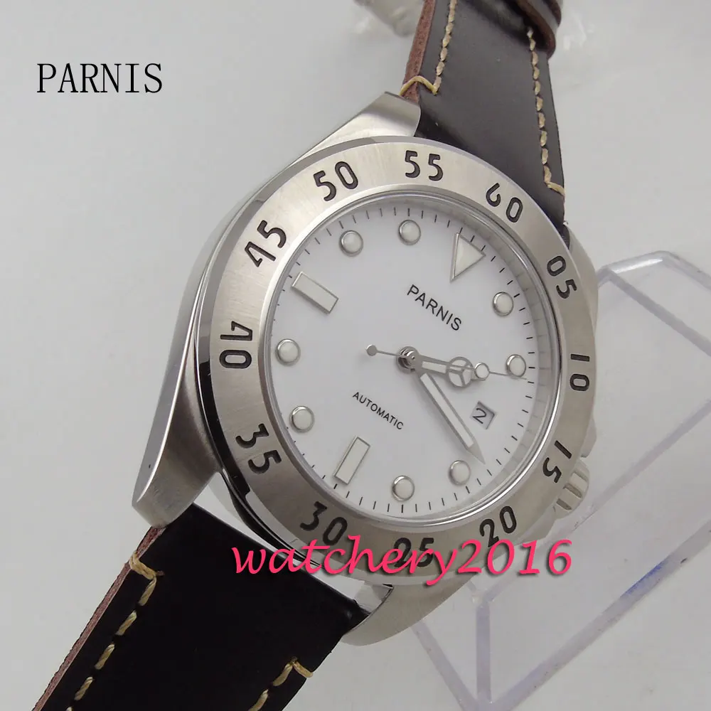 

new 43mm Parnis white dial luminous marks date adjust automatic movement Men's business Watch