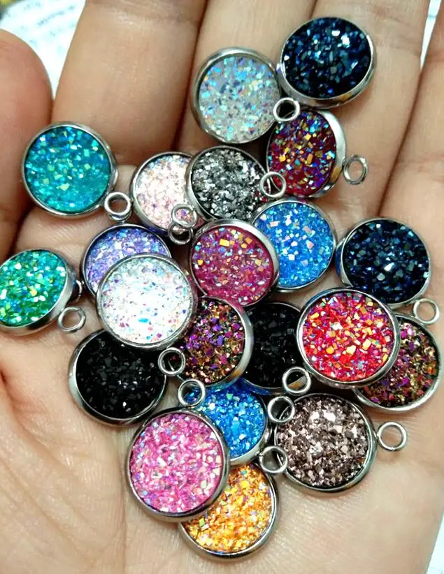 

AKOLION Stainless Steel Glitter Faux Druzy Resin Charm Pendant Colorful Round Charm For Girls DIY Jewelry 12mm 21colors