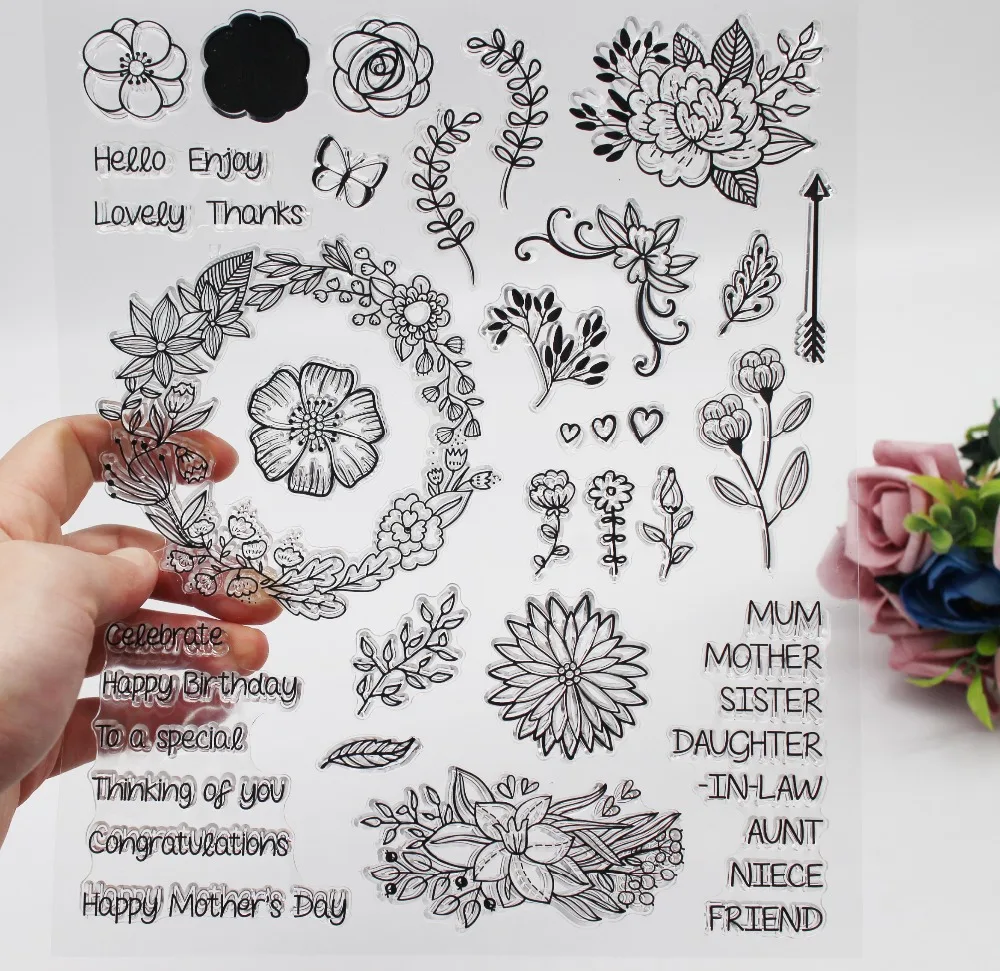 

Birthday&mother day Phrase Clear Stamp leaves/flowers Silicone Stamp/Seal For Scrapbooking photo album Decor flower clear stamp