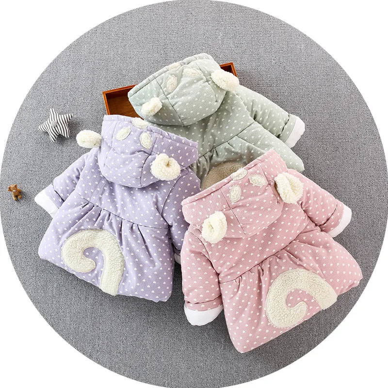 

Children Warm Winter Baby Girls Infants Kids Printed Heart Ear Hooded Velvet Thicken Parkas Jacket Coats Outwears Casaco S7216