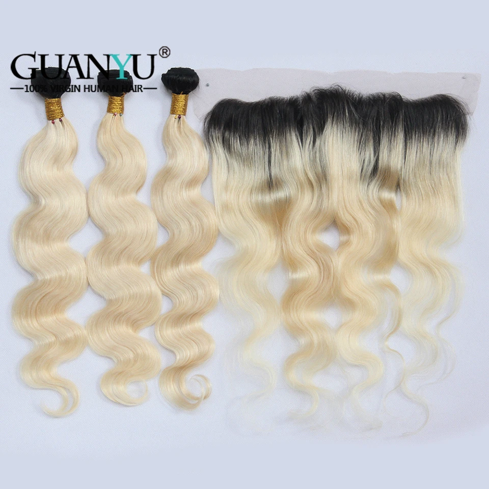 Guanyuhair Malaysian Remy Hair Pre-Plucked Ombre #1B/613 Blonde Body Wave Human Hair Bundles With Lace Frontal 13X4 Ear to Ear Guanyuhair Malaysian Remy Hair Pre-Plucked Ombre #1B/613 Blonde Body Wave Human Hair Bundles With Lace Frontal 13X4 Ear to Ear