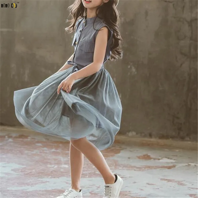 Модный школьный комплект одежды для девочек, летняя сетчатая детская одежда без рукавов, платье-рубашка и юбка, детская одежда для 4, 5, 6, 7, 8, 9, 10, 11, 12 лет
