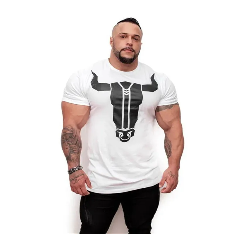 

2019 Summer Mens T-Shirt Print Short Sleeve Gyms Fitness Bodybuilding T-shirt Men Workout Slim Cotton Tee Tops