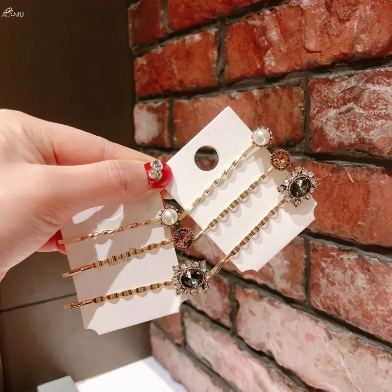 

AOMU 3PCS Korea Chic Shiny Crystal Rhinestones Hairpins Hair Clips for Women Metal Imitiation Pearl Hairgrip Hair Accessories