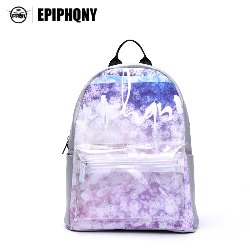 

Famous Brand Transparent Pocket Small Backpack Women Snowflake Printing School Bag PU Leather Knapsacks Lady Clear Bagpack