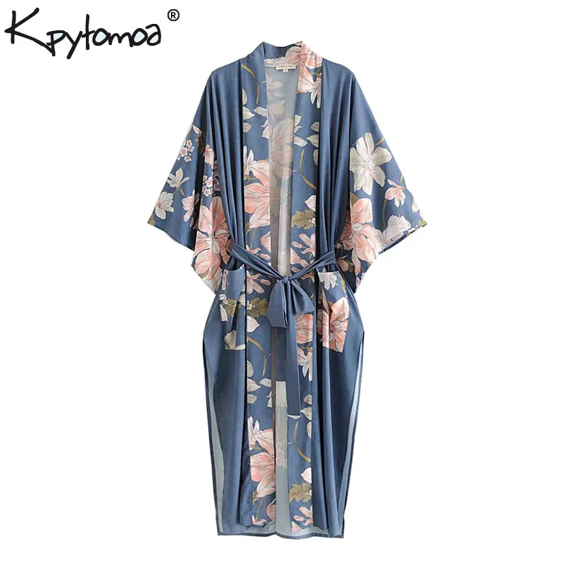 

Boho Chic Summer Vintage Peacock Floral Print Sashes Long Kimono Women 2019 Fashion V Neck Side Slit Beach Blouses Shirts Blusas