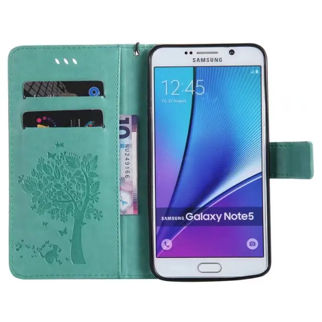 Для Coque Samsung Galaxy Note 5 Чехол кошка и дерева тиснением Флип Бумажник Стенд держатель