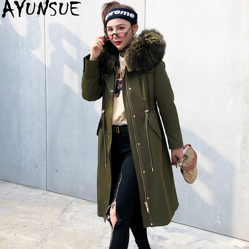 

AYUNSUE Natural Rabbit Fur Liner Parka Women Clothes 2019 Autumn Winter Jacket Women Raccoon Fur Collar Long Trench Coat MY3577