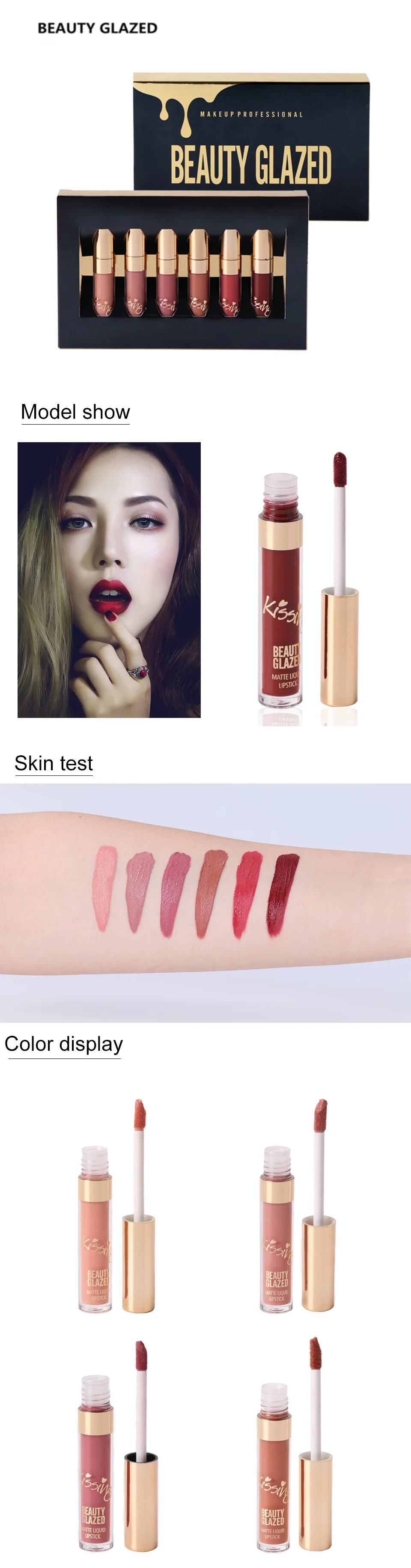 BEAUTY GLAZED Brand Lip Makeup Matte Lip Gloss Easy To Wear Long-lasting Lip Gloss Waterproof Lip Cometics 6 Colors In 1 Set