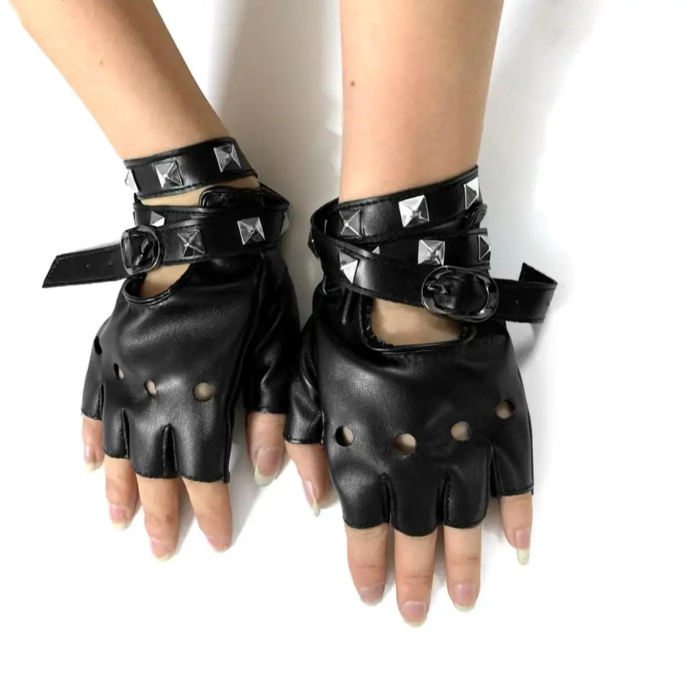 

Women's punk Leather gloves Studded Metal Band Fingerless Gloves