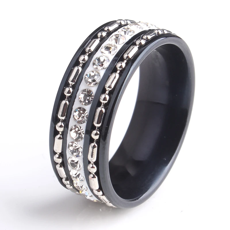 

8mm Black Clay single row crystal 316L Stainless Steel finger rings for men women wholesale