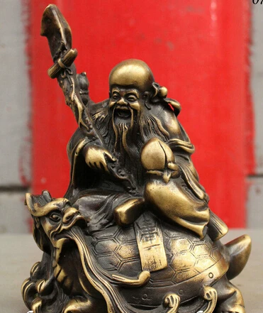 

0 8" Chinese Taoism Pure Bronze Longevity Shou God Peach Ride Dragon Turtle Statue