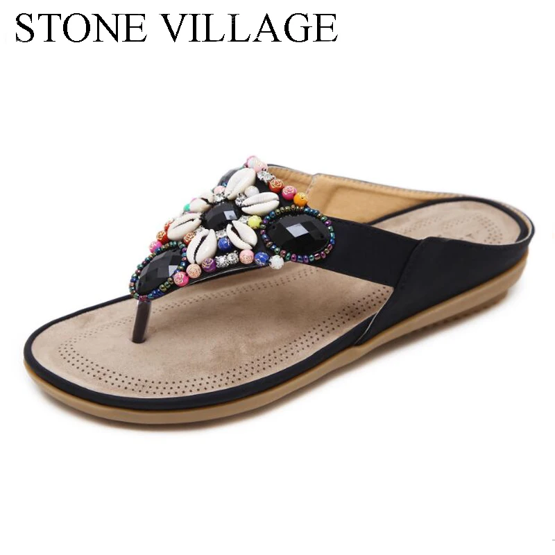 Летняя обувь в богемном стиле Повседневное шнурок для обуви из бисера Вьетнамки Летняя женская обувь уличные сандалии для пляжа Для женщин Тапочки