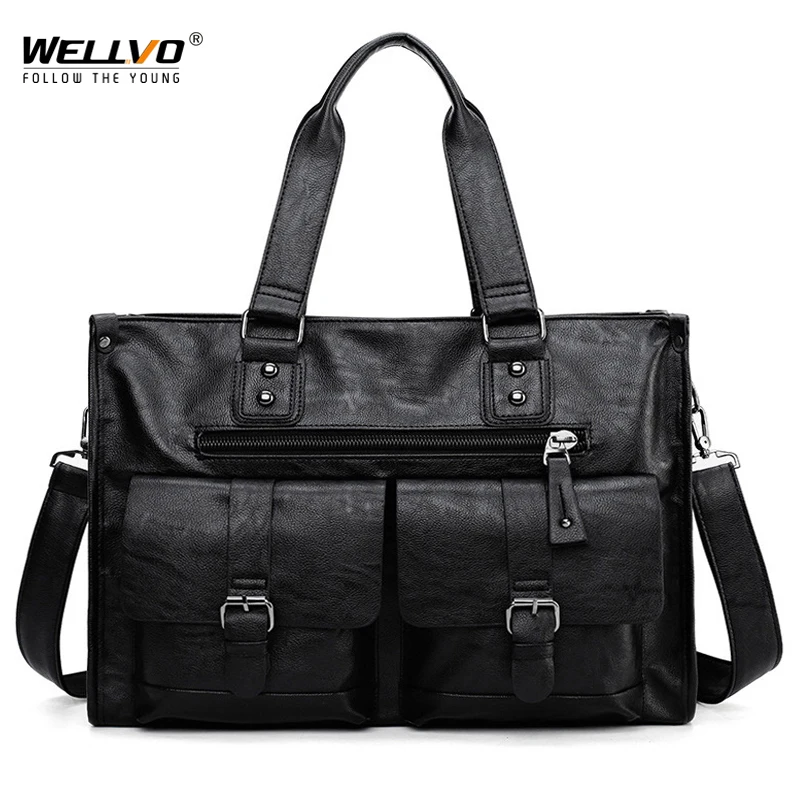 Wellvo, мужская деловая сумка из искусственной кожи, модная, квадратная, для путешествий, сумка на плечо, для ноутбука, XA214WC