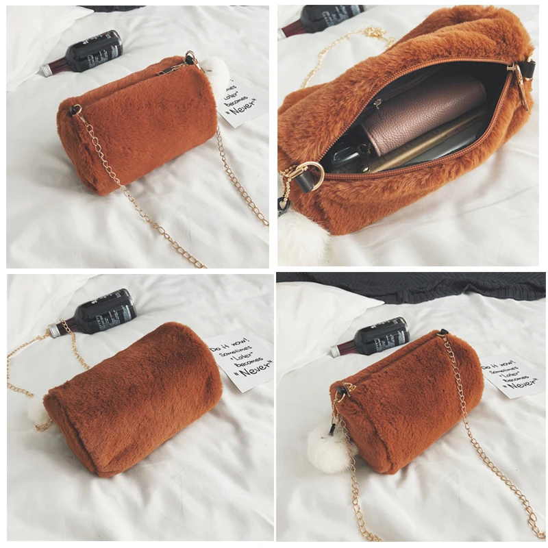 Hot Barrel Shaped Bag Velour Female Chain Handbag Fur Ball Women Purse Crossbody Messenger Shoulder Bags Sac A Main mujer bolsa-e241