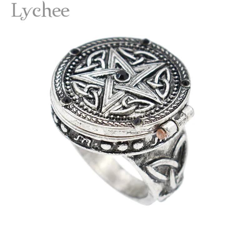 Lychee Vintage Alloy Magic Pentagram Star Unisex Ring Open Cover Antique Silver Color Ring Retro Jewelry for Men Women