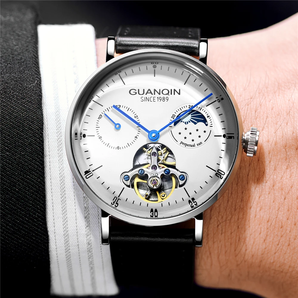 Мужские автоматические механические часы GUANQIN Tourbillon роскошные кожаные