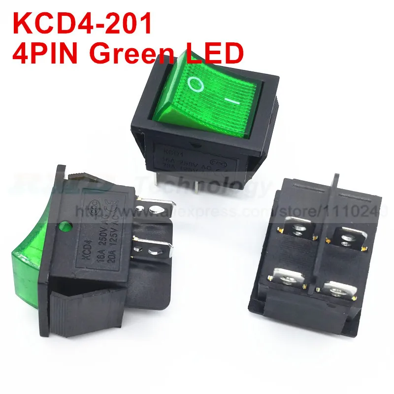 5PCS Green ON/OFF DPST 4Pin Rocker Switch 16A/250V 20A/125V KCD4-201