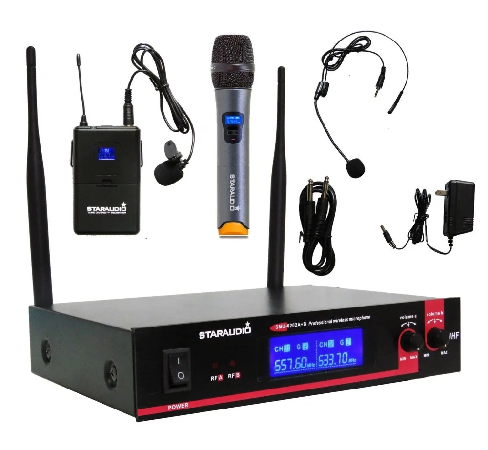 STARAUDIO 2 канал частоты UHF Беспроводная микрофонная система 2CH церковь ручная гарнитура петличный микрофон 2CH сценический клуб микрофон SMU-0202AB