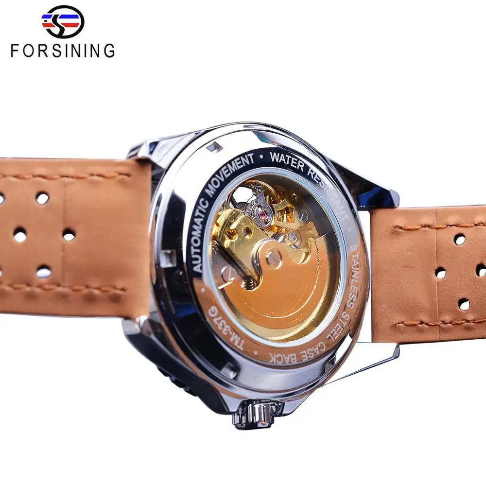 Forsining Creative Mechanical Sport Watches Men's Automatic Half Color Dial Brown Leather Band Racing Outdoor Watch Reloj Hombre_voghion.com