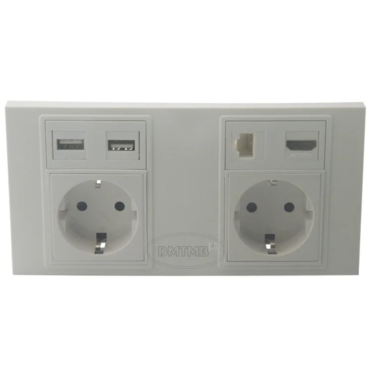 

Dual 86 172 style wall plate with Dual EU power, Dual USB, HDMI, CAT6 RJ45 support DIY wall plate