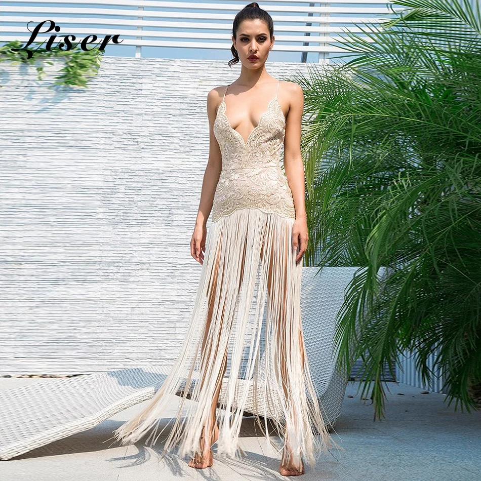 

Liser 2018 New Summer Women Dress Strapless Tassel Bandage Dress Sexy Bodycon Celebrity Party Black Apricot Dresses Vestidos