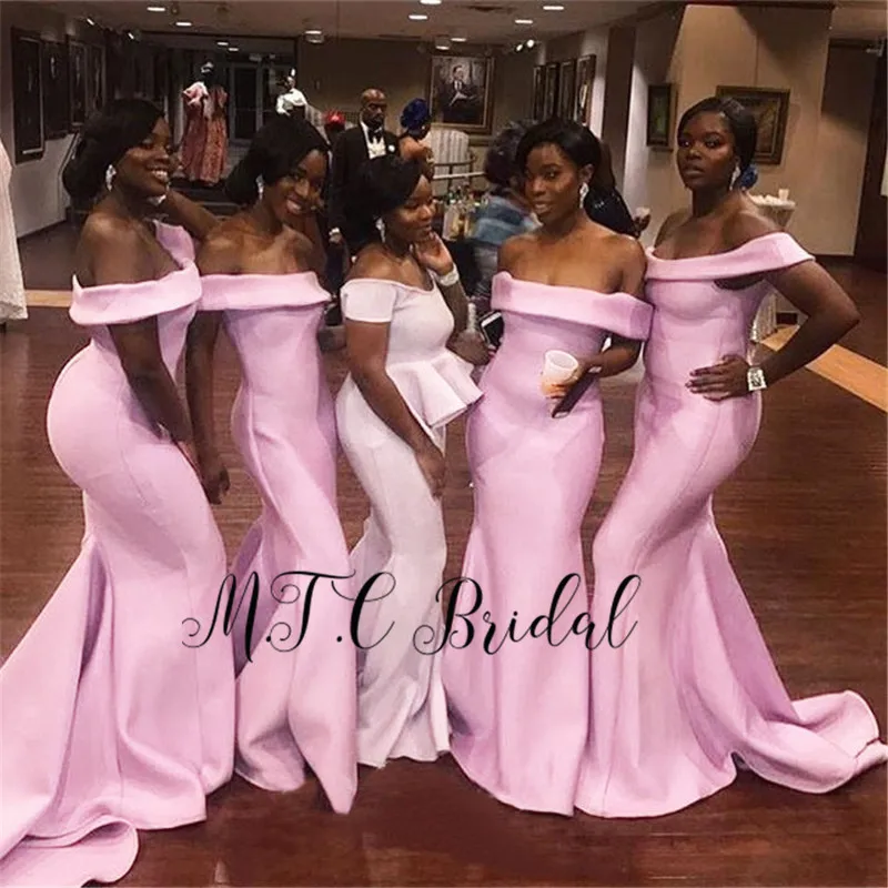 

Lovely Pink Long Mermaid Bridesmaid Dresses Boat Neck Off The Shoulder African Women Wedding Party Dress Custom Made 2019 New